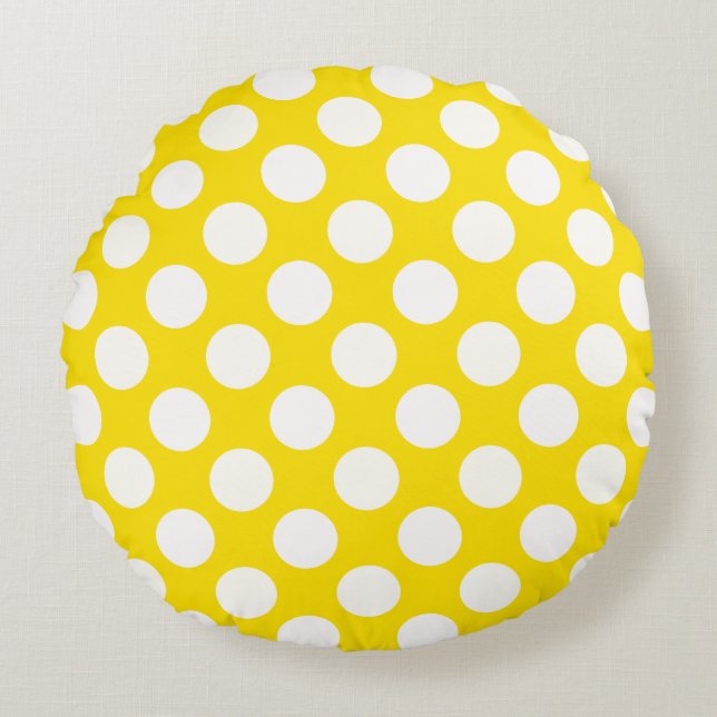 Almofada Redonda Giant White Polka Dots on Yellow Throw Pillow (Frente)