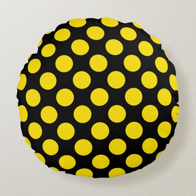Almofada Redonda Giant Yellow Polka Dots on Black Round Pillow  (Frente)
