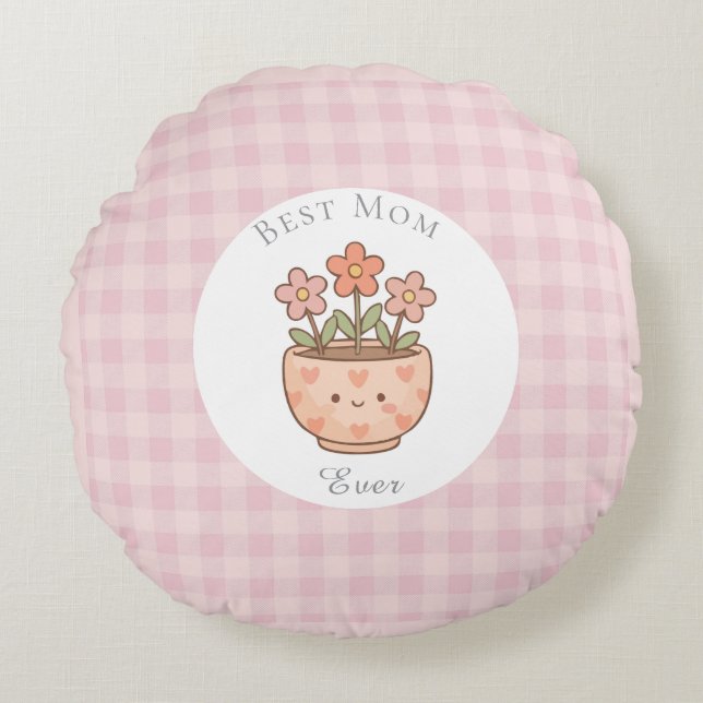 Almofada Redonda Gift For Mom,Best Mom Ever,Pink Checkered (Frente)