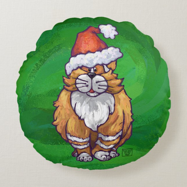 Almofada Redonda Ginger Cat Christmas on Green (Frente)