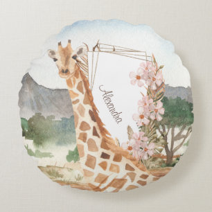 Almofada Redonda Girafa de aquarela em Crianças Savanas Africanas