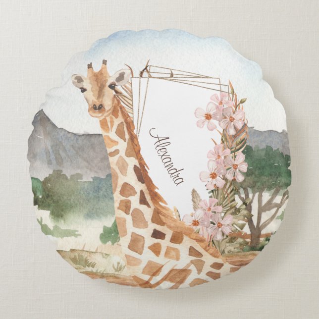 Almofada Redonda Girafa de aquarela em Crianças Savanas Africanas (Frente)