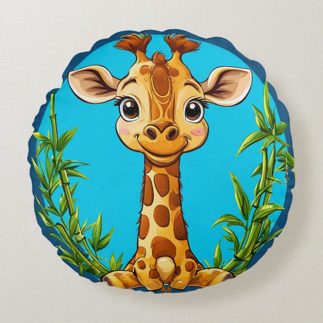 Almofada Redonda Girafa de Desenho Animado Adorável com Bambu (Frente)
