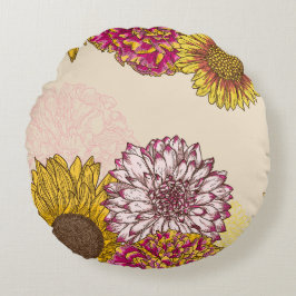 Almofada Redonda Girassóis, crisântemas, cravos floral