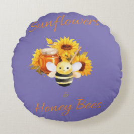 Almofada Redonda "Girassóis e abelhas do mel"