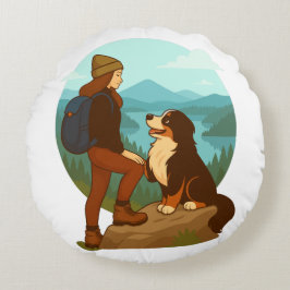 Almofada Redonda Girl and Mountain Dog Adventure Illustration