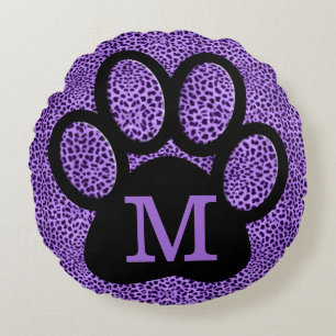 Almofada Redonda Girly Purple Paw Print com Monograma em Chita