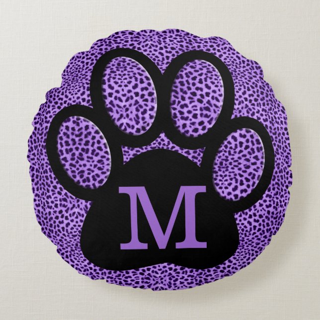 Almofada Redonda Girly Purple Paw Print com Monograma em Chita (Frente)