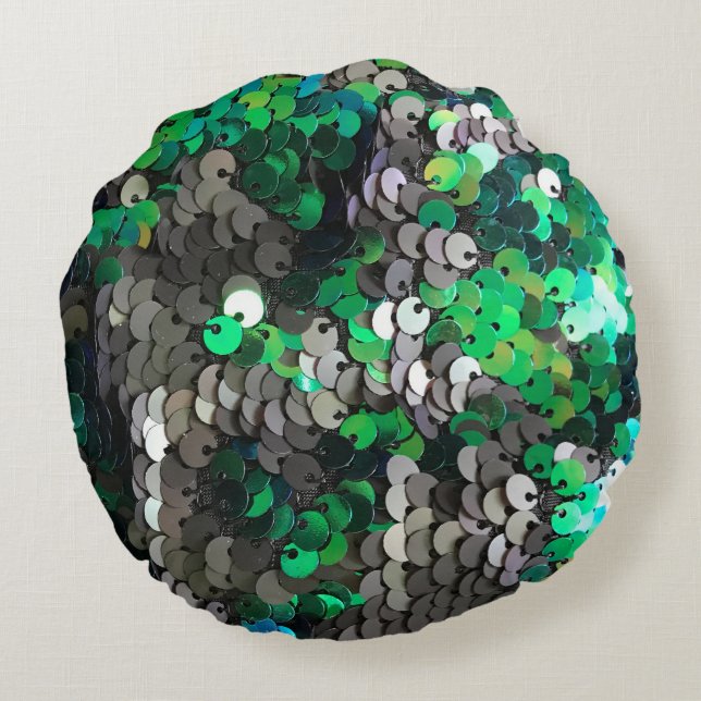 Almofada Redonda Glamour brilhante elegante verde cinza sequências  (Verso)