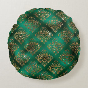 Almofada Redonda Glitter Chic Elegante Dourado Damasco Verde