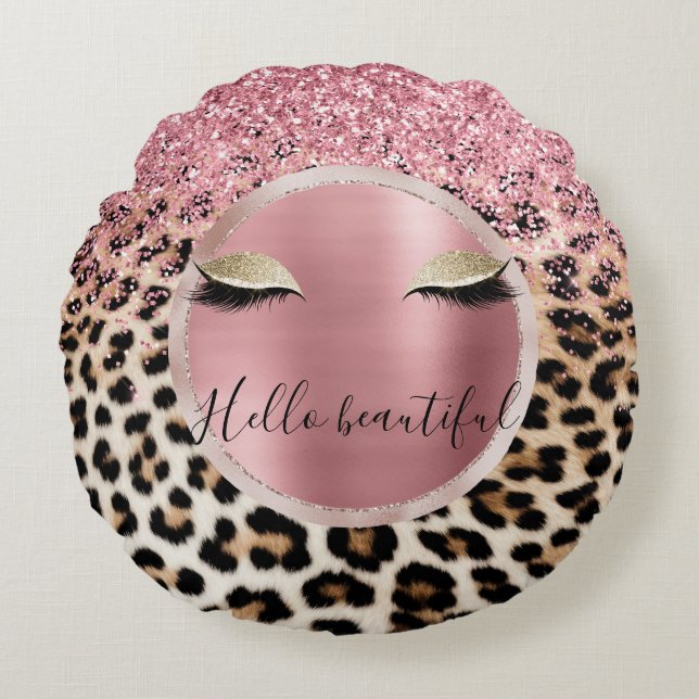 Almofada Redonda Glitzy Cor de rosa Leve Dourada Eyelashes Leopardo (Frente)