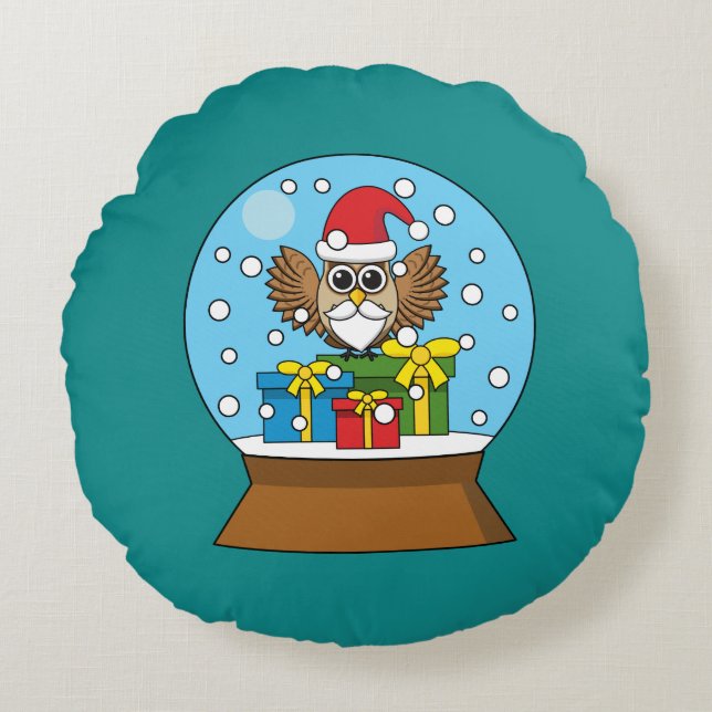 Almofada Redonda Globo de Neve com Santa Claus Owl (Frente)