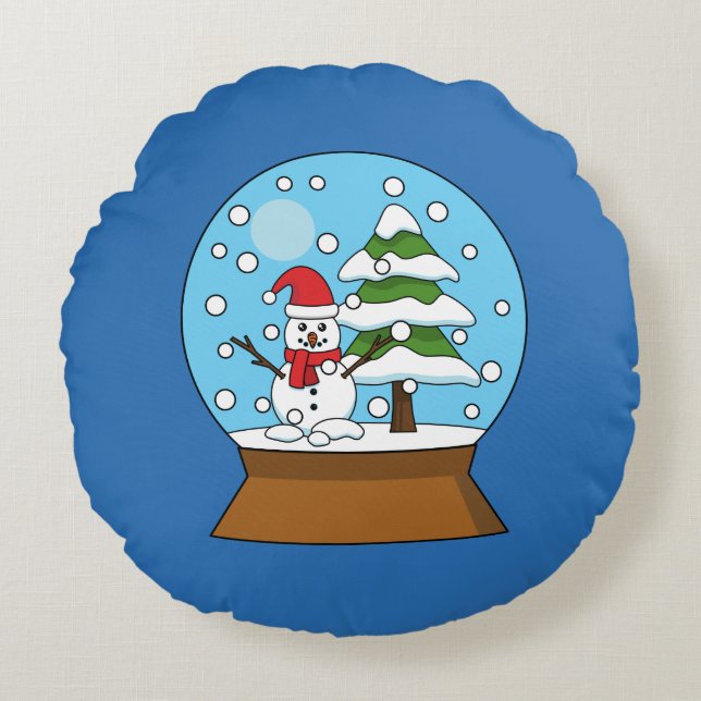 Almofada Redonda Globo de Neve com Snowman e Pine Tree (Frente)