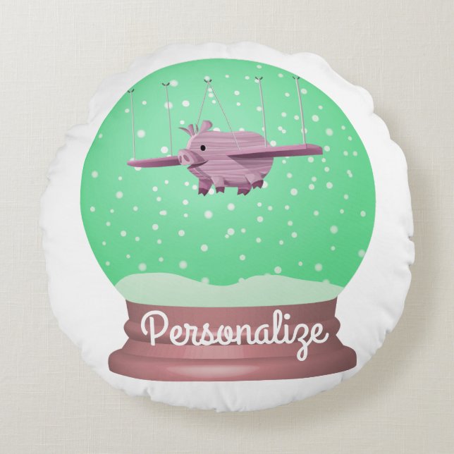 Almofada Redonda Globo de neve do porco voador (Frente)