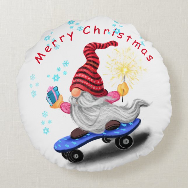 Almofada Redonda Gnome do Travesseiro Round de Natal com skate (Verso)