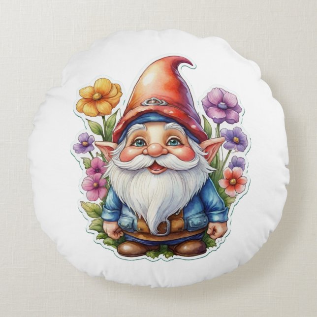 Almofada Redonda Gnome E Flores 1 (Frente)