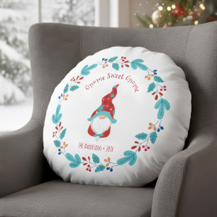 Almofada Redonda Gnome Sweet Gnomet Gnomo Clone Elf Floral Wreath