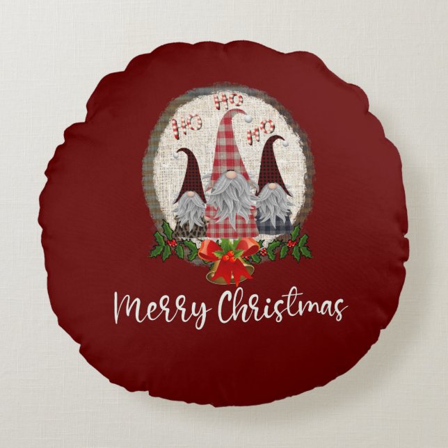 Almofada Redonda Gnomos de Natal Vermelhos Elfos da Moda (Frente)