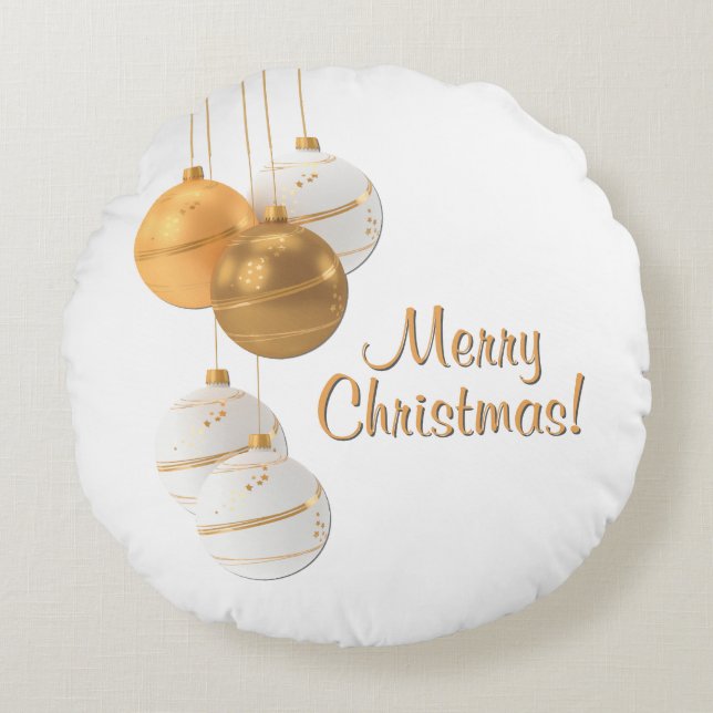 Almofada Redonda Gold and White Christmas Balls Custom Text (Frente)