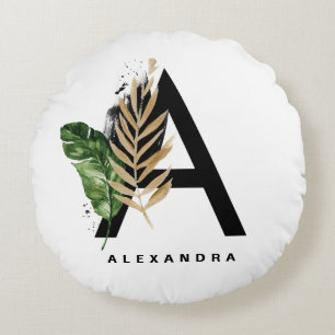 Almofada Redonda Gold Foil - Letra Tropical A Monograma Personaliza
