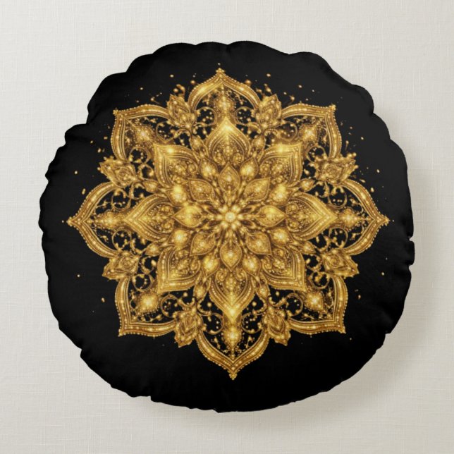 Almofada Redonda Gold Mandala Pillow Luxury Decorative Throw  (Frente)