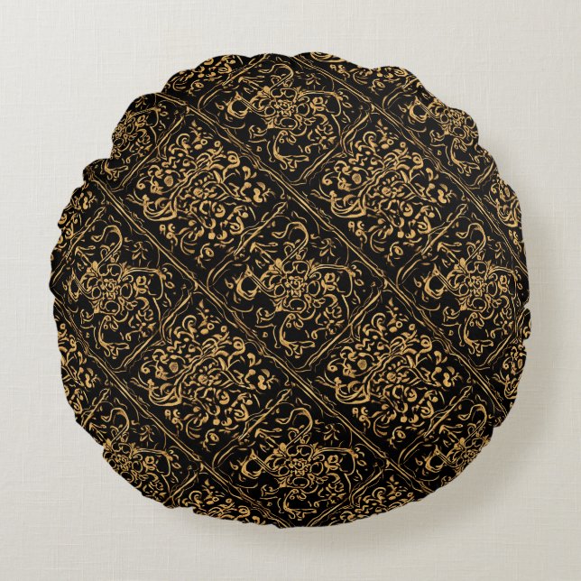 Almofada Redonda Gold Ornamental Baroque Pattern On Black (Frente)
