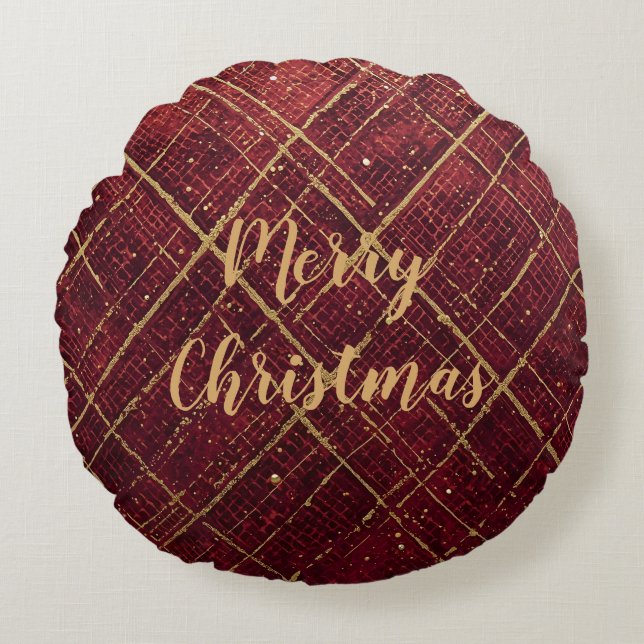 Almofada Redonda Gold Red Cross Pattern, Gold Merry Christmas (Frente)