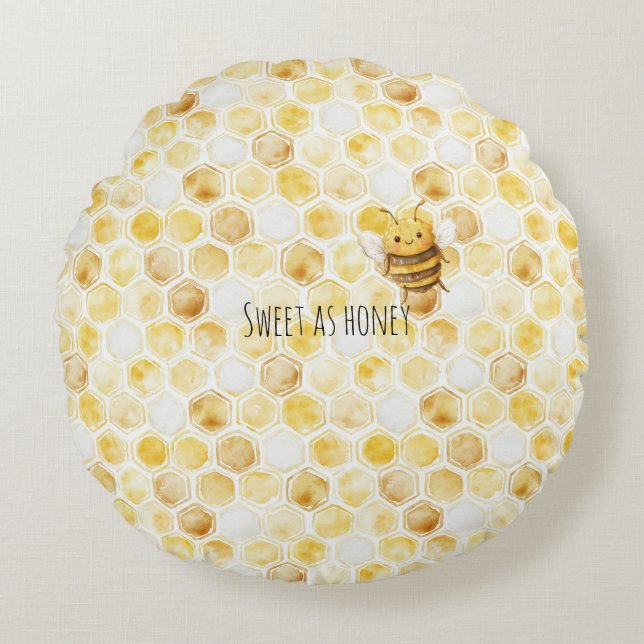 Almofada Redonda Gold Yellow Honeycomb Sweet Cute Honey Bee (Frente)