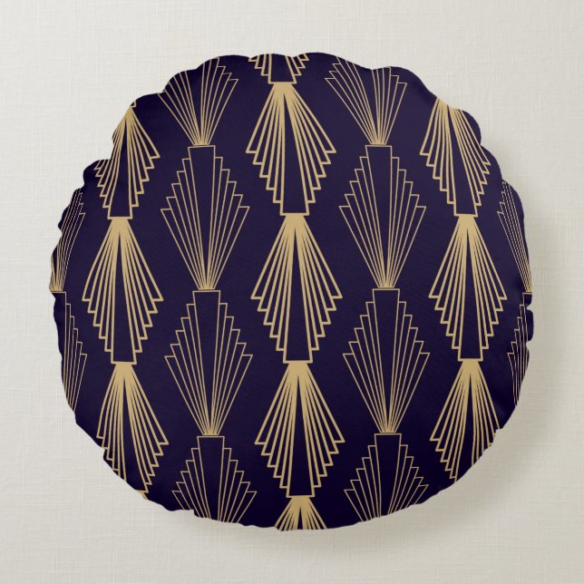 Almofada Redonda Golden art Deco Pattern. Seamless dark blue backgr (Frente)