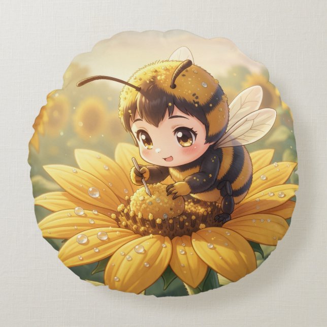 Almofada Redonda Golden Bumblebee in Bloom Dance.3 (Frente)