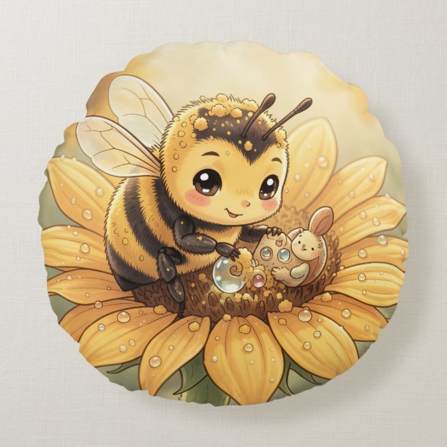 Almofada Redonda Golden Bumblebee in Bloom Dance.4 (Frente)