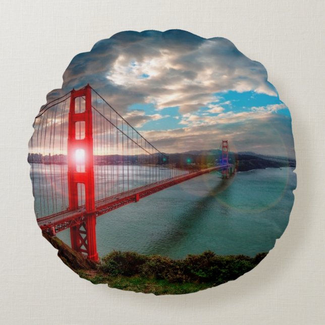 Almofada Redonda Golden gate bridge com o Sun que brilha (Frente)