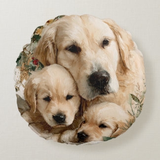 Almofada Redonda Golden Retriever Family Puppies Vintage Christmas