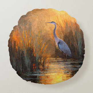 Almofada Redonda Golden Sunset Heron Autumn Watercolor Pillow