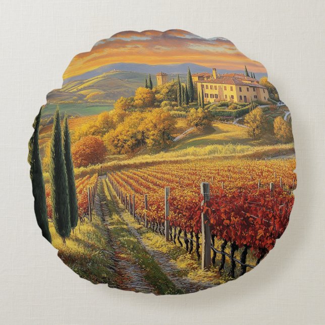 Almofada Redonda Golden Vineyard Path – Round Throw Pillow (Frente)