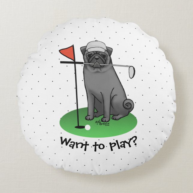 Almofada Redonda Golf Pug Jogando Golfe (preto) Cachorro Bonito Eng (Frente)