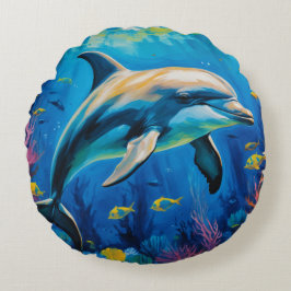 Almofada Redonda Golfinho de Pintura de Petróleo