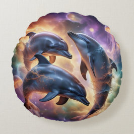 Almofada Redonda Golfinhos Cósmicos e Água-Viva no Espaço