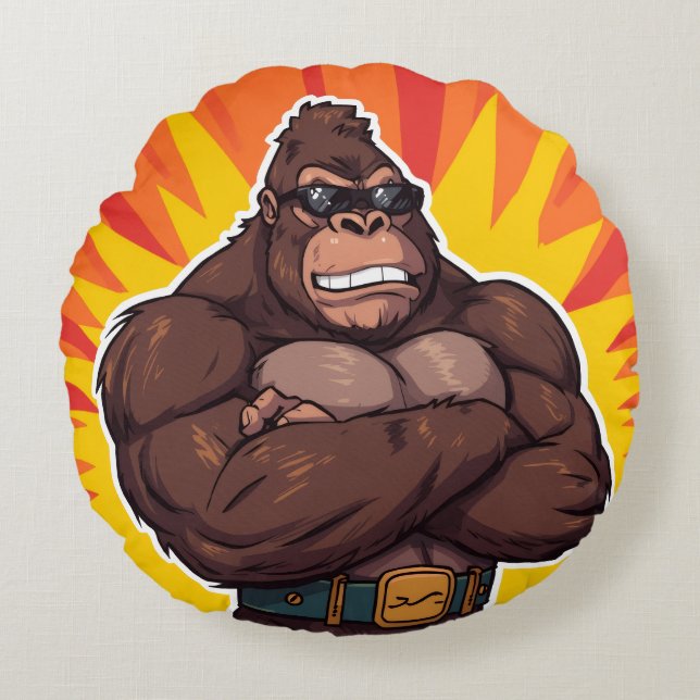 Almofada Redonda Gorilla Bodybuilder Weight Lifter Pop Art Cartoon (Frente)