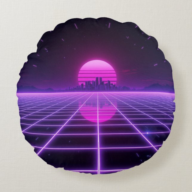 Almofada Redonda Grade de Neon Synthwave dos Anos 80 Retrô (Frente)