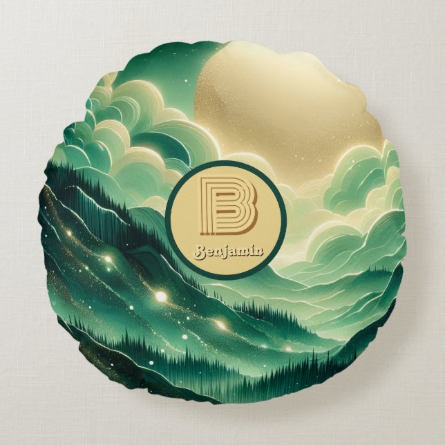 Almofada Redonda Gradient Emerald Kelly Green Glitter Monograma (Frente)