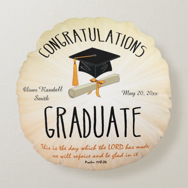 Almofada Redonda Graduação religiosa Dourada Starburst com Boné Neg (Frente)