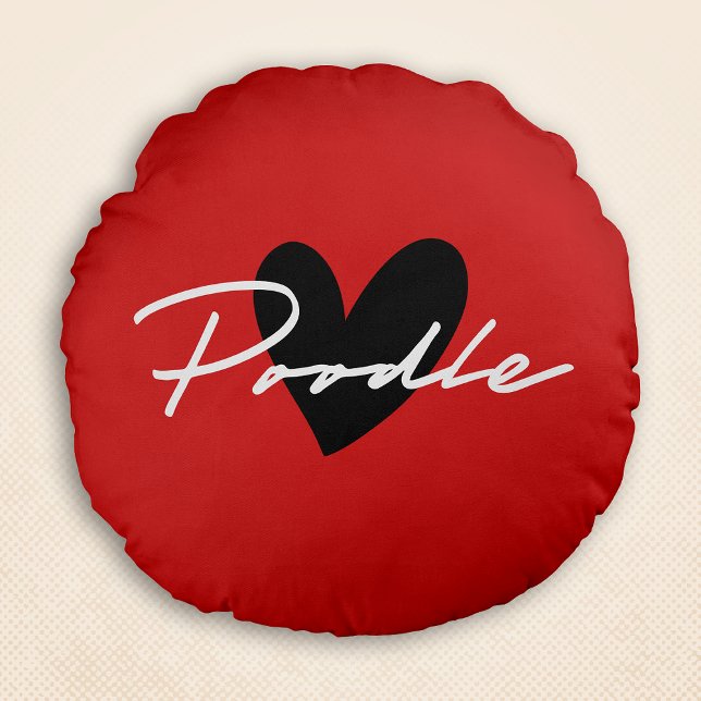 Almofada Redonda Gráfico de Poodle e Script de Rico Vermelho (Poodle Chic & Fancy Script Red Round Pillow)