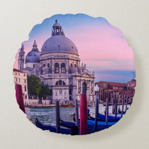 Almofada Redonda Grande Canal com gondolas e igreja em Veneza