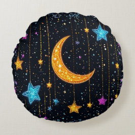Almofada Redonda Grande lua crescida e numerosas estrelas
