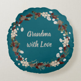 Almofada Redonda Grandma Christmas wreath on a rich teal