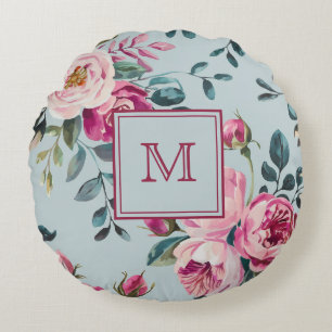 Almofada Redonda Grandmillennial Rosa Desbotada Floral Monograma Pe