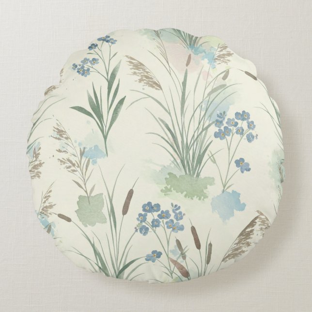 Almofada Redonda Grass e Forget-Me-Nots, de Natasha Us (Frente)
