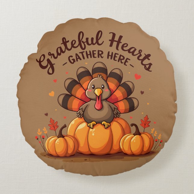 Almofada Redonda Grateful Hearts Thanksgiving Turkey (Frente)