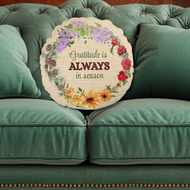 Almofada Redonda Gratitude in Every Season Floral Wreath (Criador carregado)